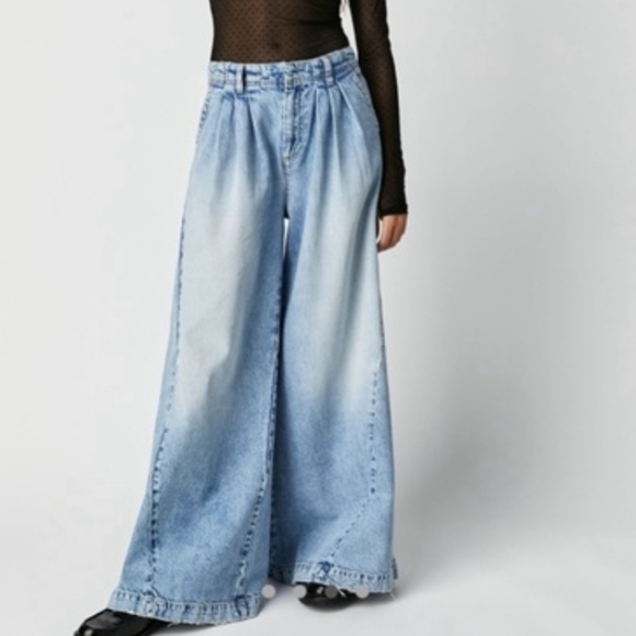 Free People Boho Equinox Denim Trouser Open Sky High Rise Super Wide Leg 27 - Picture 3 of 16